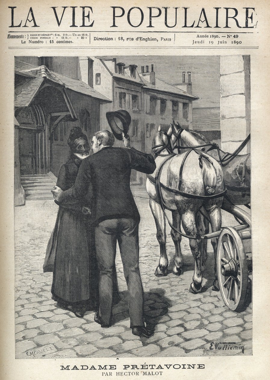 Un joven alerta y vivaz, saliendo de un coche en la plaza empedrada de una ciudad provincial, abraza con entusiasmo a su vieja madre, digna, velada y vestida de negro, levantando la mitad de su sombrero redondo. Ilustración de E. Vulliemin para Madame Pret de Fortune Louis Meaulle