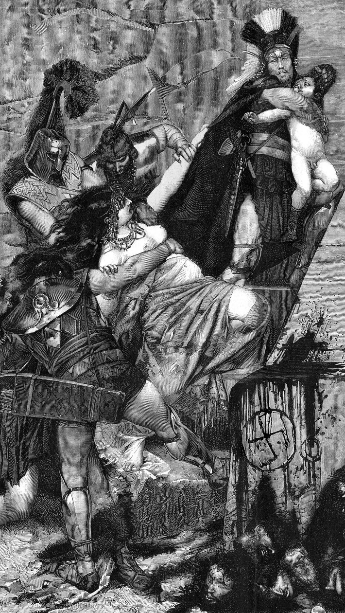 Andromaque: detalle de un grabado (1883) de Meaulle sobre un cuadro de Georges Antoine Rochegrosse (1859-1938). A manos de los soldados griegos, Andromaque intenta retener a su hijo Astyanax, llevado por un hoplita tracio. Al principio de la sta de Fortune Louis Meaulle