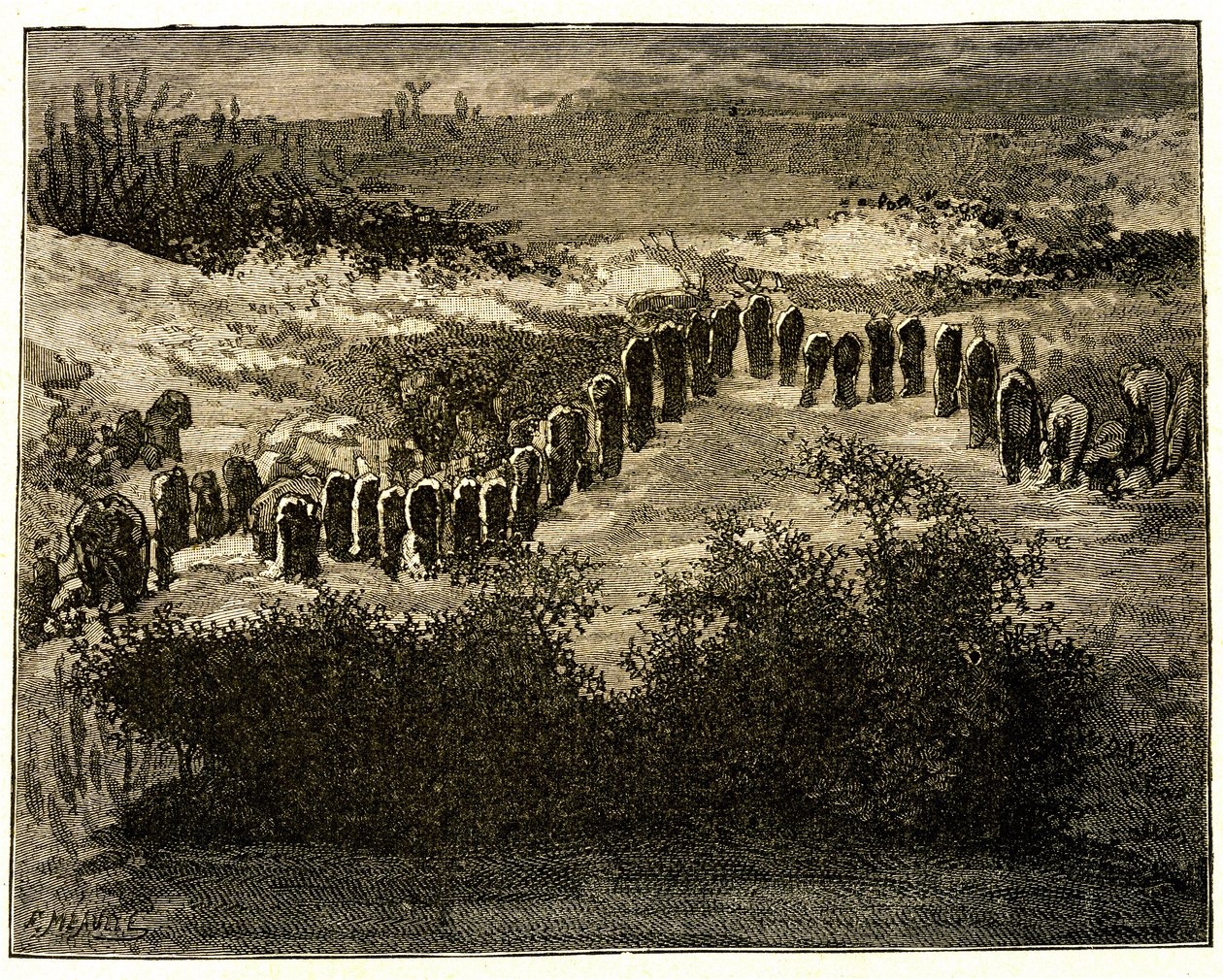 Alineaciones del menhir de Carnac. Dibujo de Victor Hugo grave por Meaulle. Extracto del texto de Hugo (En voyage en Bretagne de Fortune Louis Meaulle