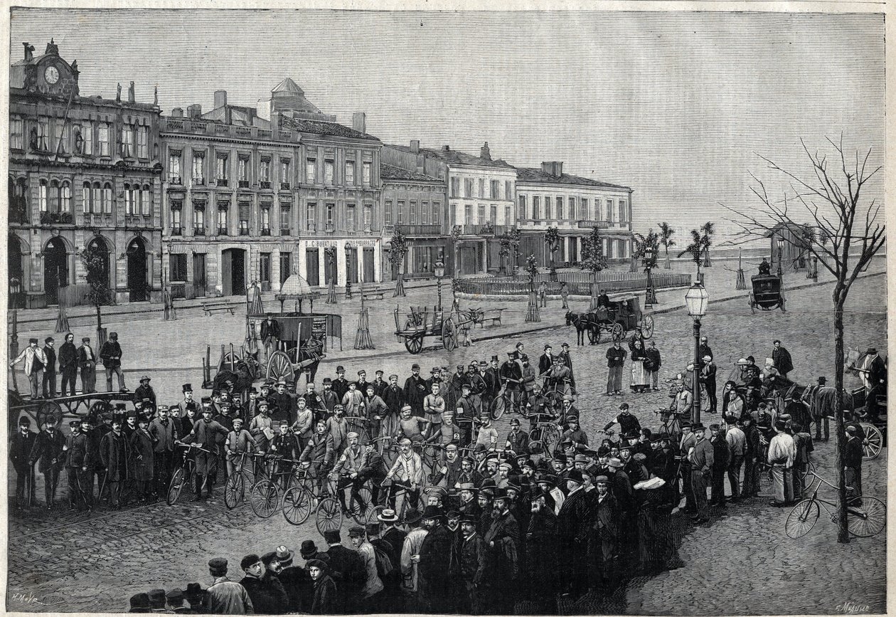 Salida de la carrera ciclista Burdeos-París en 1891 - grabado por Meaulle de 1891 de Fortune Louis Meaulle