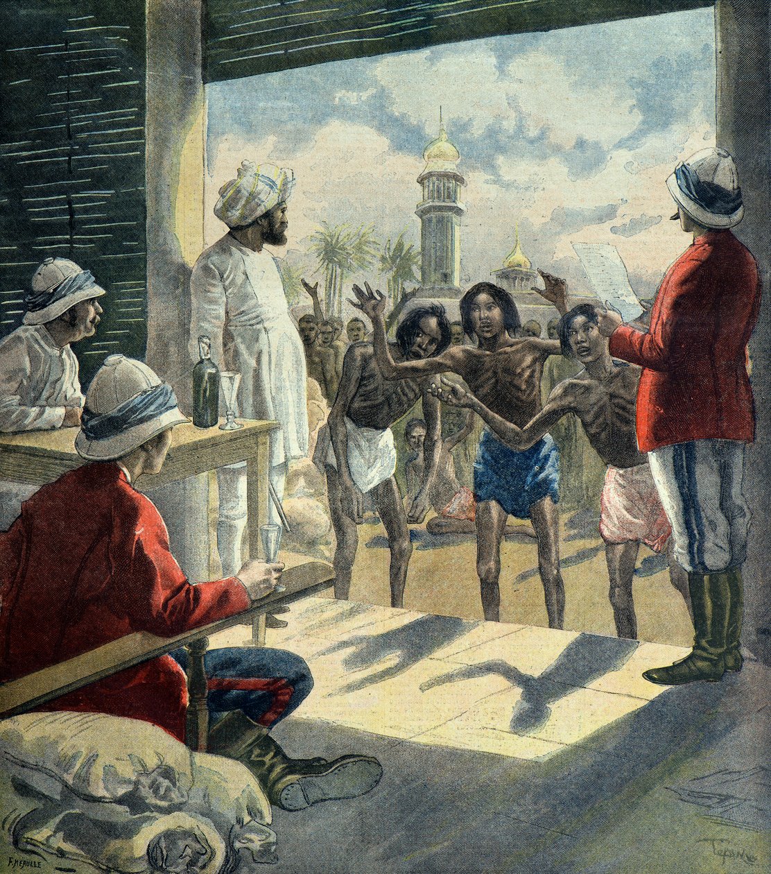 Hindúes piden ayuda a los ingleses durante la gran hambruna de 1896 - 1897 (Grabado) de Fortune Louis Meaulle