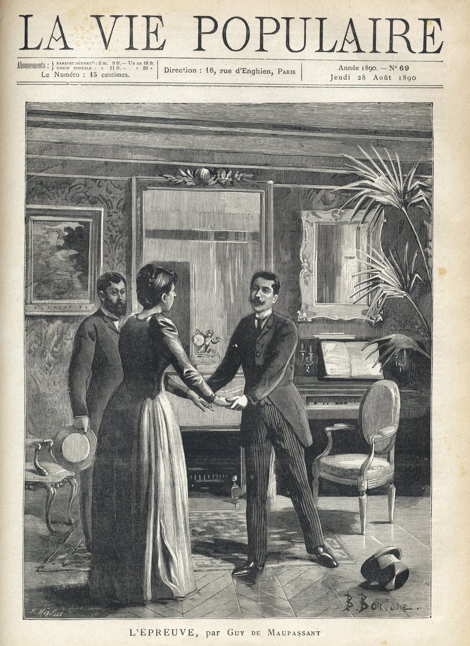 En un salón burgués, un hombre se precipita hacia la dueña de la casa y le agarra las manos, dejando caer su sombrero al suelo, bajo la mirada asombrada de otro hombre. Ilustración de Bernard Borione (1865-20th century), para la prueba de Guy de Fortune Louis Meaulle