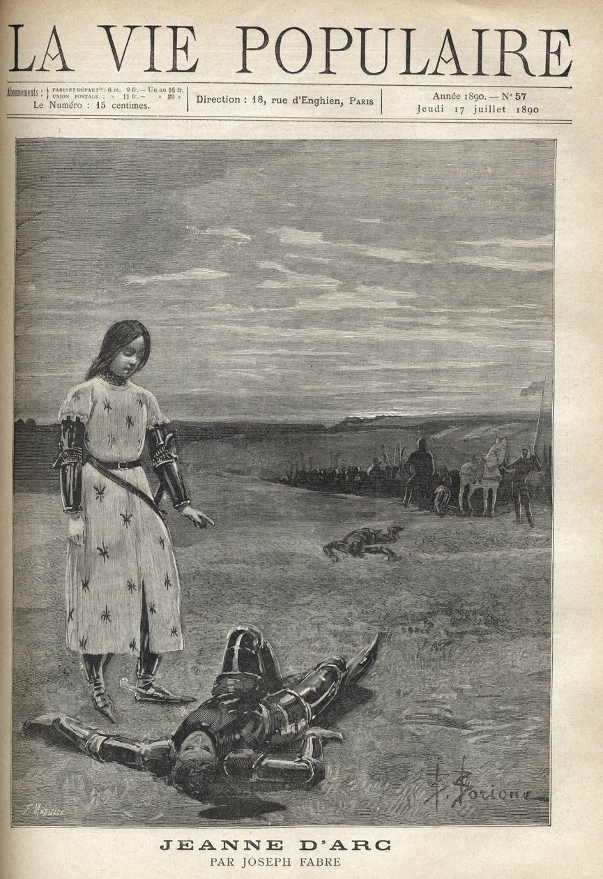 Frente a la tropa de caballeros armados, Juana de Arco con armadura, cabeza descubierta, mira con tristeza el cuerpo de un caballero muerto, su cabeza bañada en un charco de sangre. Ilustración de Bernard Borione (1865-siglo XX), para Juana de Arco de Jose de Fortune Louis Meaulle