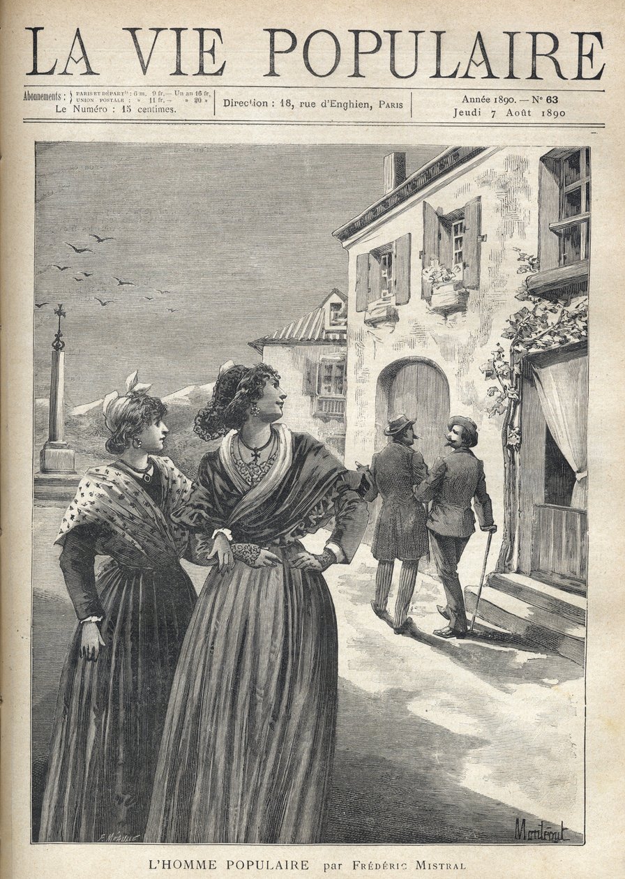 En las calles de un pueblo de Provenza, dos mujeres bonitas con vestidos provenzales se vuelven hacia la calle para enfrentar a un hombre que se dirige confiado hacia sus ojos. Ilustración de Montegut para El Hombre Popular por Frederic Mistral (1830-1914) de Fortune Louis Meaulle