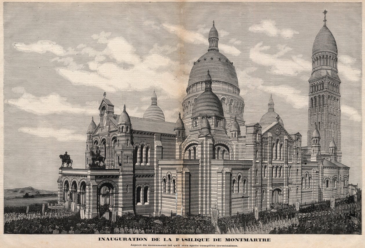 Inauguración de la Basílica del Sagrado Corazón en Montmartre en 1891 (apariencia del monumento como será después de su completa finalización) - Grabado de Meaulle en 1891 de Fortune Louis Meaulle