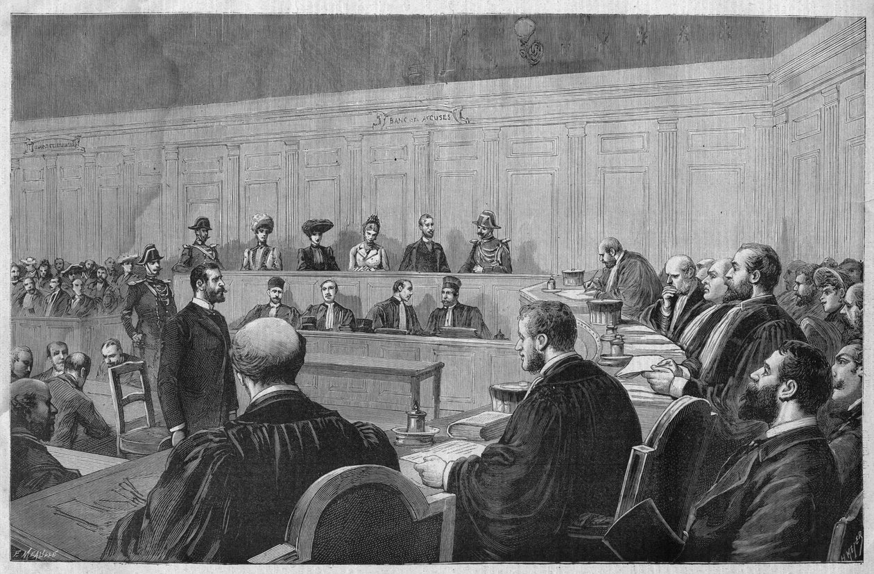 El escándalo de Toulon en 1891: asunto Fouroux - Jonquieres - la sala de audiencias, declaración de los testigos - Grabado de Meaulle en “El diario ilustrado” de 1891 de Fortune Louis Meaulle