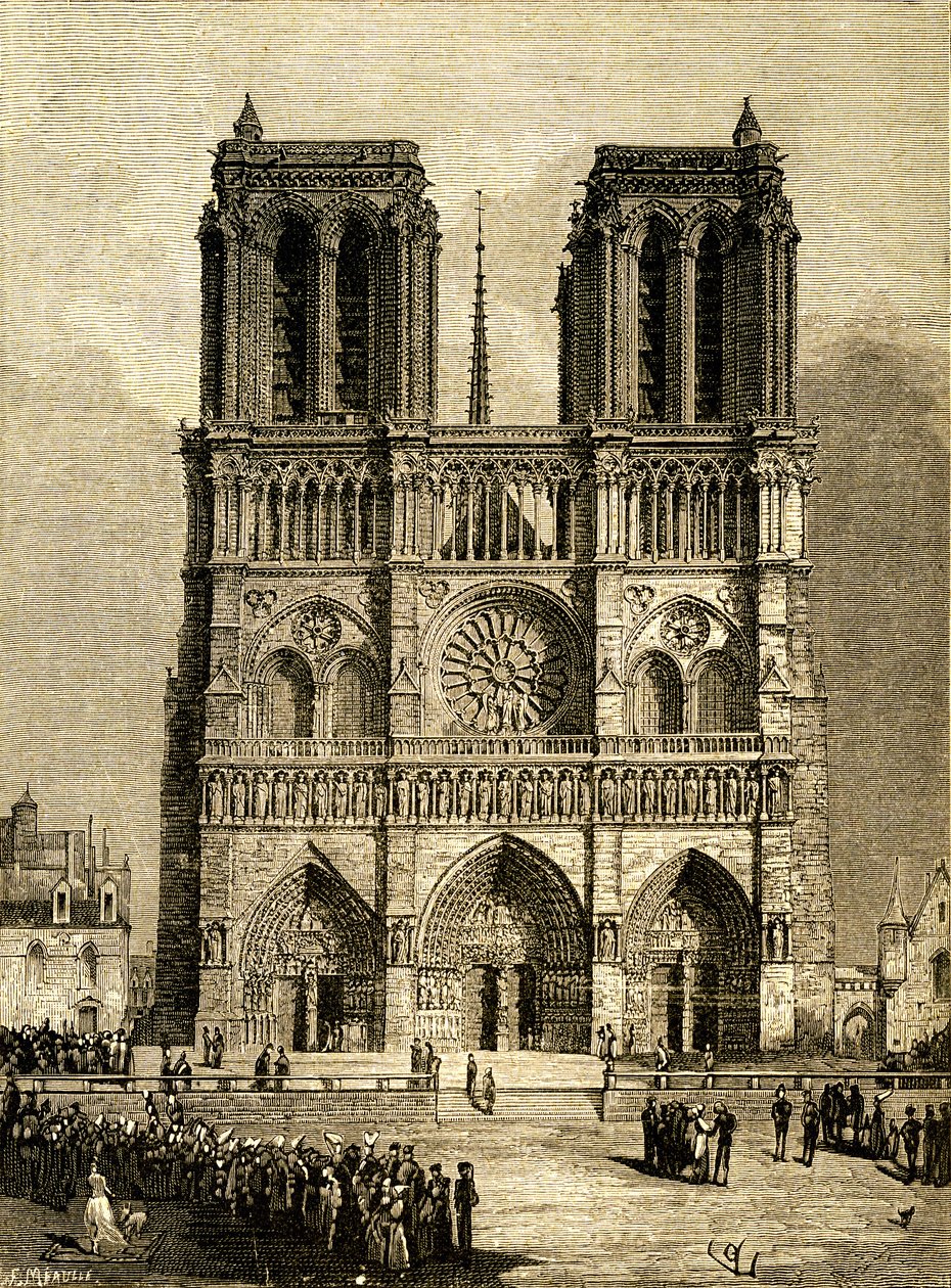 Notre-Dame de París en 1482: fachada oeste y parvis. Grabado de F. Meaulle, basado en un dibujo de Viollet le Duc (Viollet-le-Duc) que ilustra la novela homónima de Victor Hugo, edición Ollendorff principios del siglo XX. Abajo a la izquierda, de Fortune Louis Meaulle