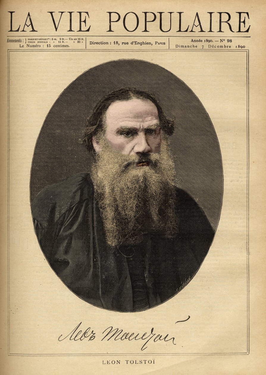 Retrato de León Tolstói (1828-1910), escritor ruso. Ilustración de F. Meaulle. Grabado de 1890 en 