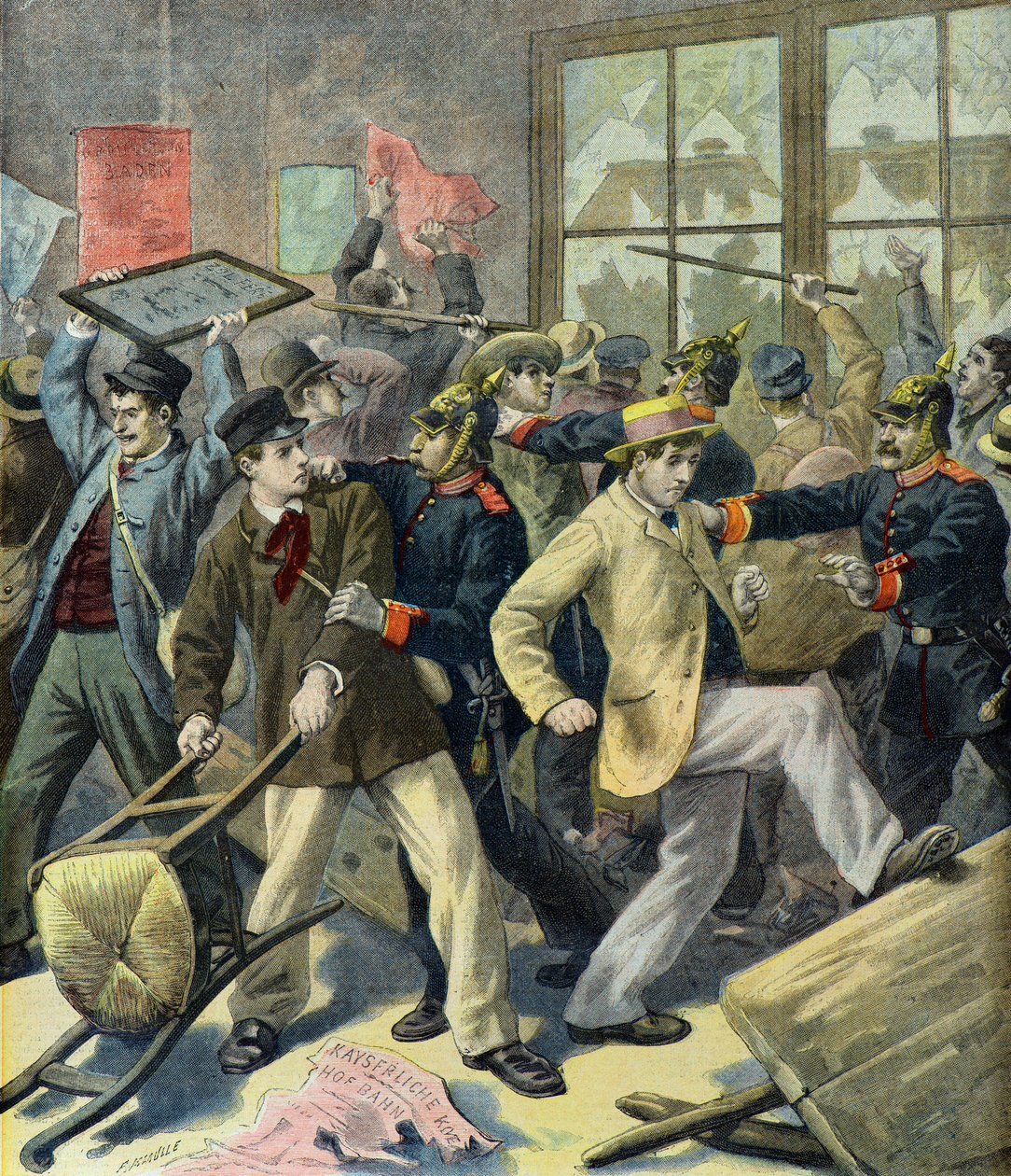 Rebelión de reclutas de Alsacia Lorena en estaciones alemanas (Grabado) de Fortune Louis Meaulle