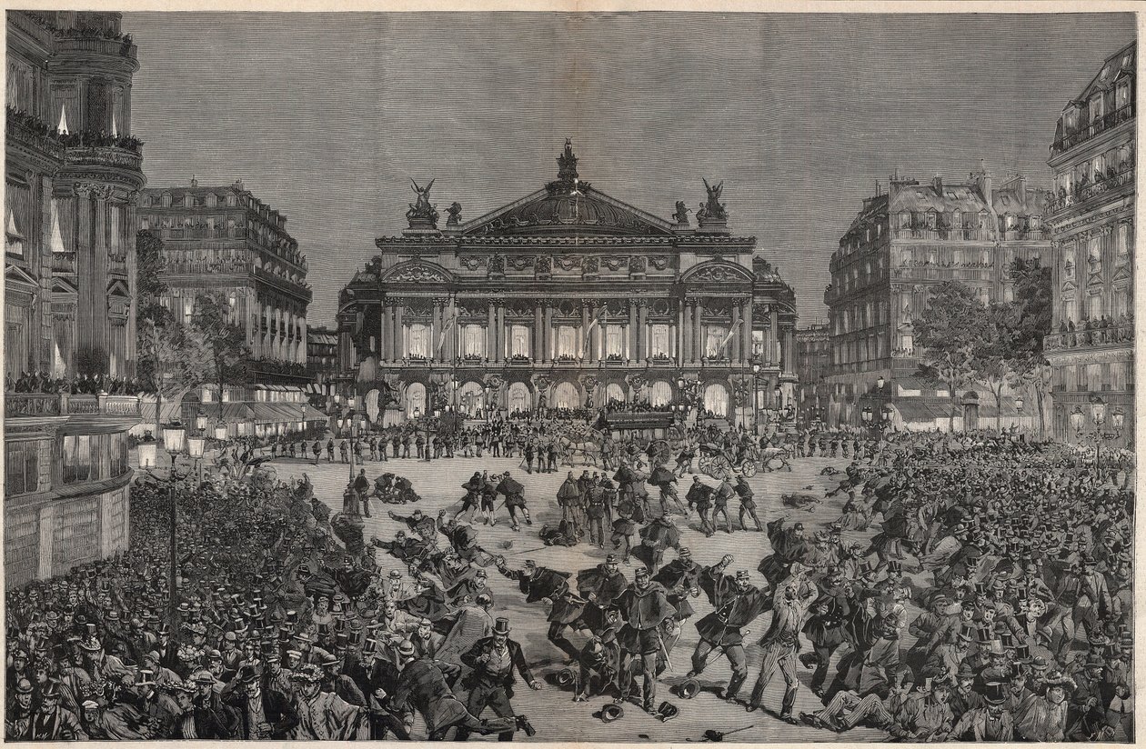 Disturbios en París objetando la representación de “Lohengrin” de Richard Wagner en el Palais Garnier 1891 - Demostración patriótica, plaza de la Ópera, en París en 1891 durante la primera representación de “Lohengrin” de Richard Wagner - Grabado de Fortu de Fortune Louis Meaulle