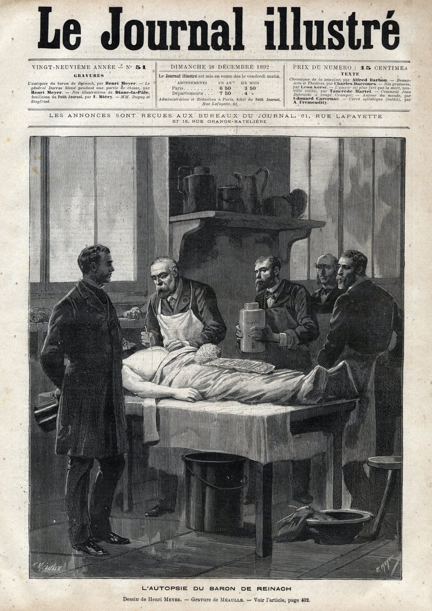 La autopsia del Barón Jacques de Reinach (1840-1892) en 1892 - grabado de Meaulle en “El Diario Ilustrado” de 1892 de Fortune Louis Meaulle