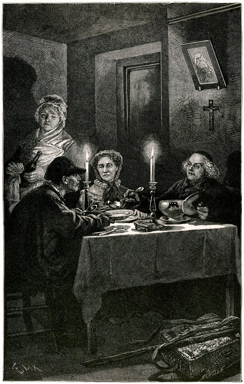 Victor Hugo "Los Miserables" Ilustración de Lix grabada por Meaulle: el Forcat y la Eveque. Jean Valjean, a quien la eveque Myriel ofreció el hospital, cometerá su última fuga: la vajilla de plata de su anfitrión. Sobre la mesa, los dos candelabros de plat de Fortune Louis Meaulle