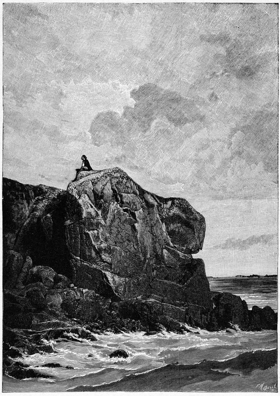 Victor Hugo exiliado en Jersey en 1855, en la roca Proscriit. Grabado de Louis Fortune Meaulle (1844-1901), del que Hugo dijo: "I think, il grave". de Fortune Louis Meaulle