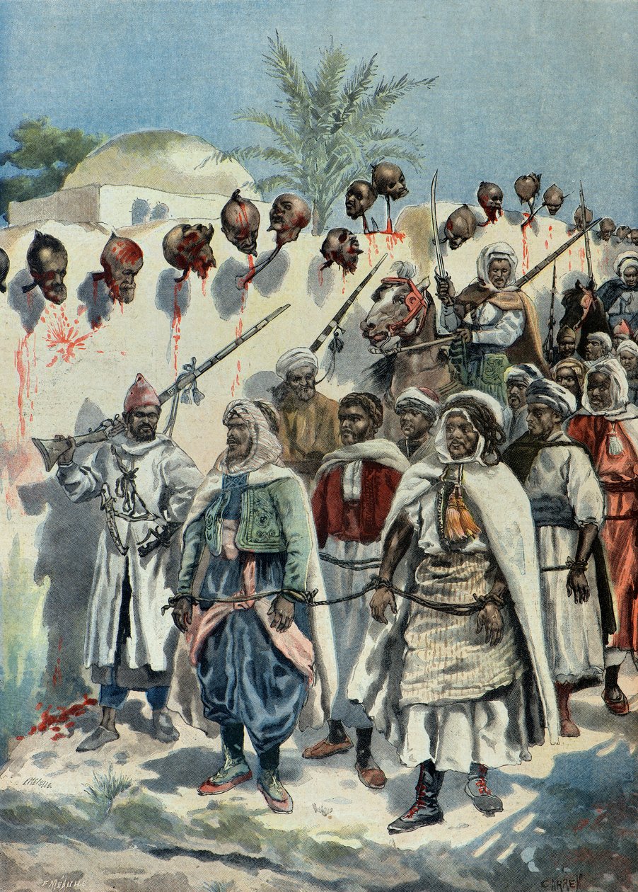 Insurgentes marroquíes encarcelados pasan junto a las cabezas cortadas de sus compañeros en 1897 (Grabado) de Fortune Louis Meaulle