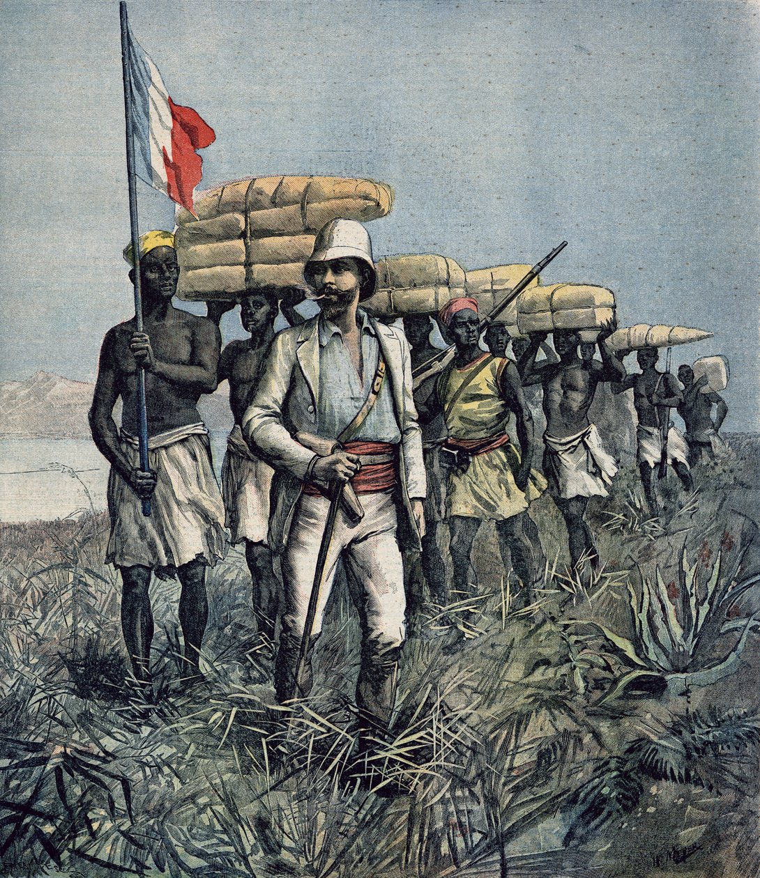 Teniente Mizon (1853-99) en su misión de exploración del área del río Benue en Nigeria, de 