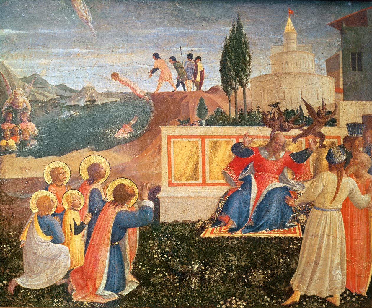 Los santos Cosme y Damián son arrojados al mar; demonios escapan de la boca del procónsul Lisias, de la predela del retablo de San Marco, 1438-40 de Fra Angelico