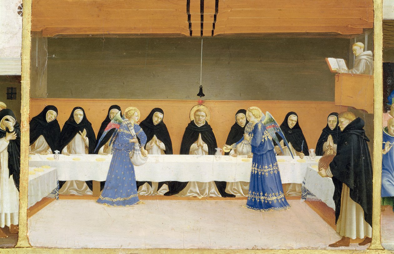 San Domingo y sus compañeros alimentados por ángeles, del panel predela de la Coronación de la Virgen, c.1430-32 de Fra Angelico