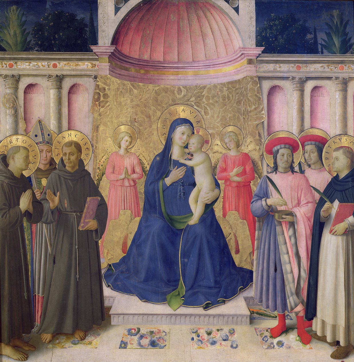 El Bosco ai Frati Retablo: La Virgen y el Niño entronizados con dos ángeles entre San Antonio de Padua, Luis de Toulouse y Francisco y San Cosme y Damián y Pedro el Mártir, 1452 de Fra Angelico