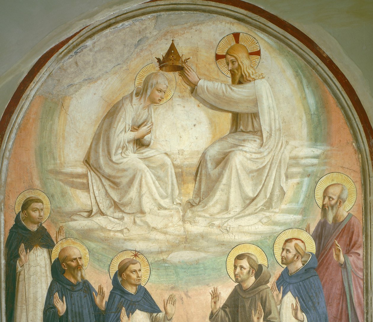 La Coronación de la Virgen, con los Santos Tomás, Benito, Domingo, Francisco, Pedro el Mártir y Pablo, 1442 (detalle) de Fra Angelico