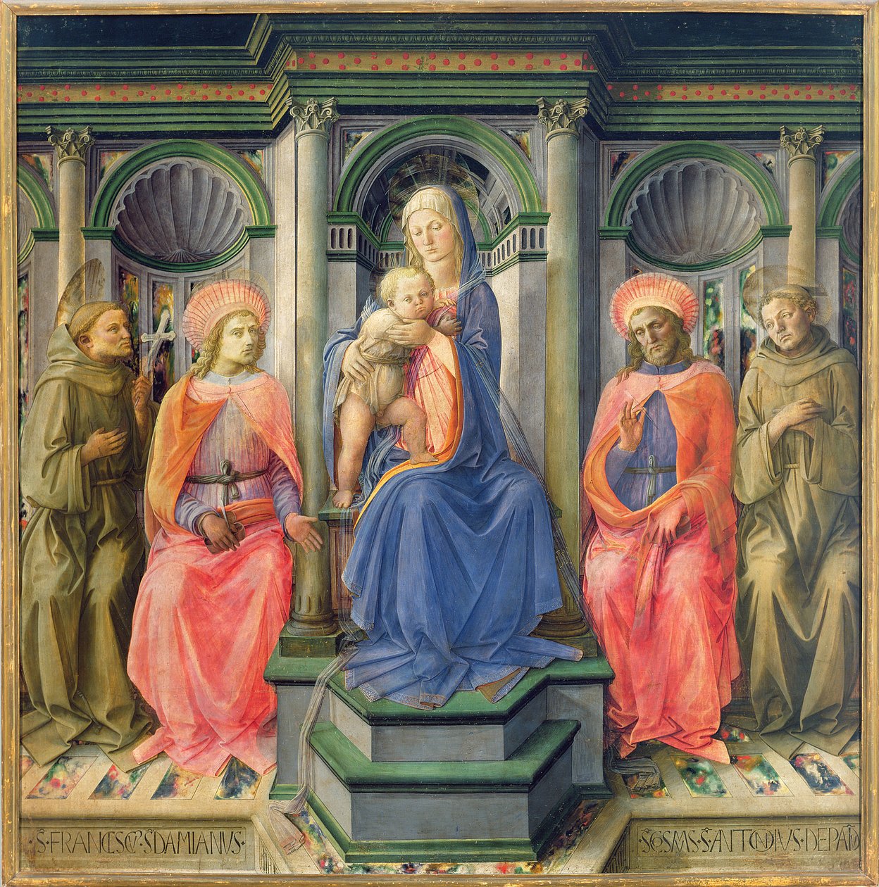 La Virgen y el Niño entronizados con San Francisco, San Cosme, San Damián y San Antonio de Padua, c.1442-45 de Fra Filippo Lippi