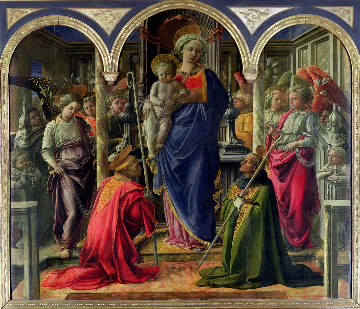 El retablo Barbadori: Virgen y Niño rodeados de ángeles con San Frediano y San Agustín, 1437 de Fra Filippo Lippi