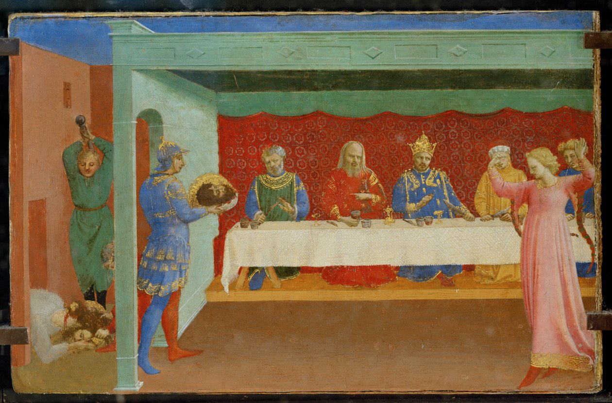 Predela de un retablo: La decapitación de San Juan Bautista y la fiesta de Herodes, con Salomé bailando ... de Fra (c.1387 1455) Angelico