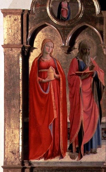 Virgen y Niño en el Trono con Cuatro Ángeles, detalle de San Juan Evangelista y María Magdalena, del Polittico di San Domenico de Fra (c.1387 1455) Angelico