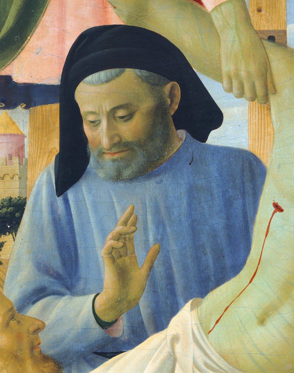 Arquitecto Michelozzo, detalle de El Descendimiento de la Cruz o el Retablo de la Santísima Trinidad, hacia 1432, de Giovanni da Fiesole conocido como Fra Angelico (1400-ca 1455), témpera sobre madera de Fra (c.1387 1455) Angelico