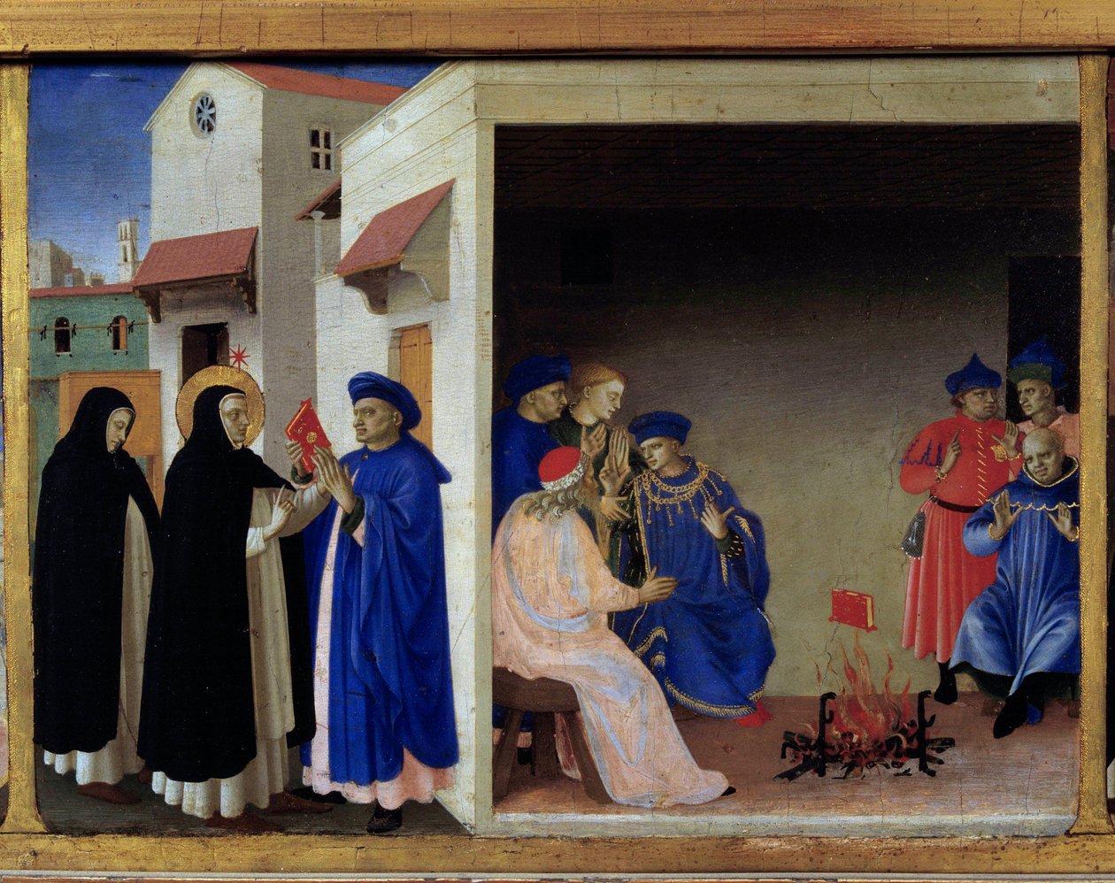 Predela de la coronación de la Virgen: el milagro del libro enviado a los albigenses. Santo Domingo refuta la herejía cátara. de Fra  Angelico