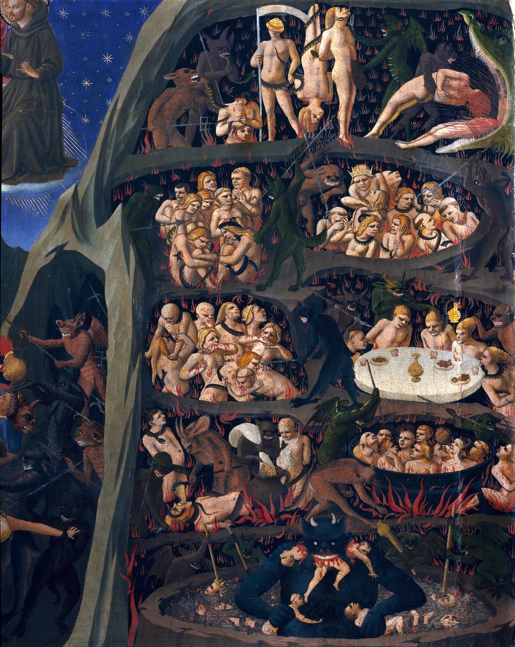 El juicio final: infierno. Las almas de los condenados sometidas a tortura en los círculos del Infierno. El diablo abajo tiene a uno de ellos. de Fra  Angelico