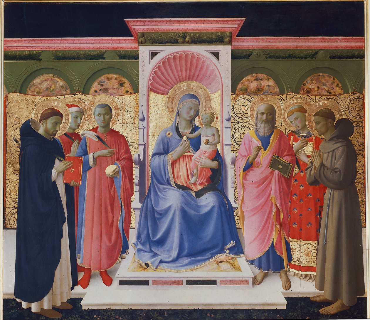 Virgen y niño con seis santos, Pedro, Cosme y Damián, San Juan, San Lorenzo y San Francisco. (detalle) de Fra  Angelico