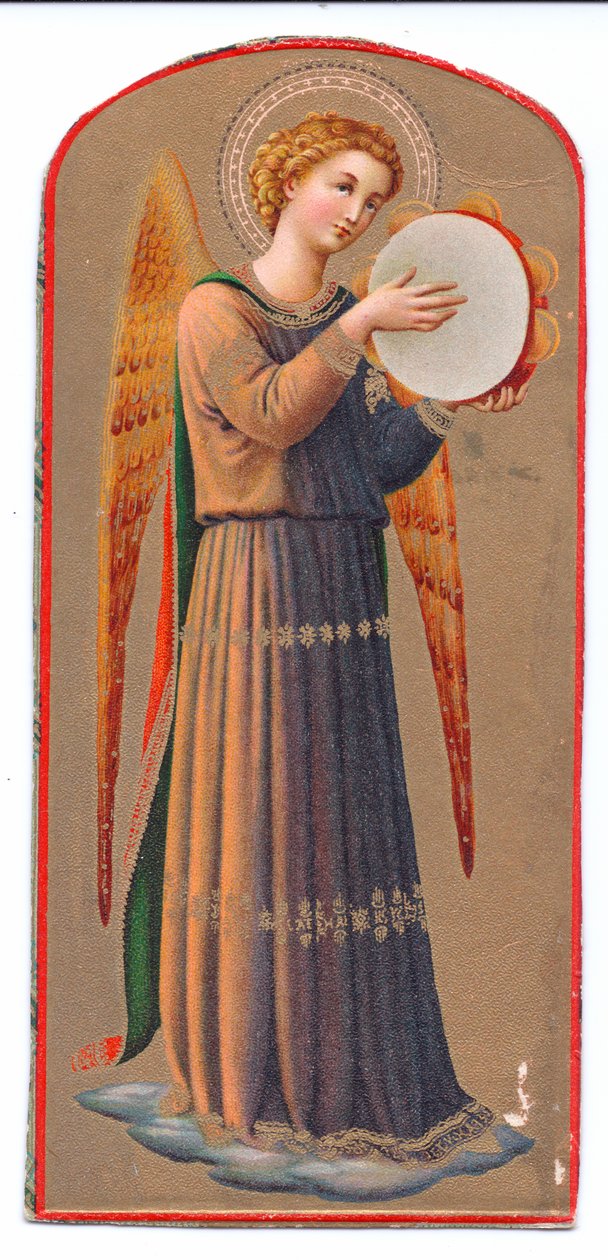 Litografía en color de Fra Angelico, ángel tocando una pandereta, c.1910 de Fra Angelico