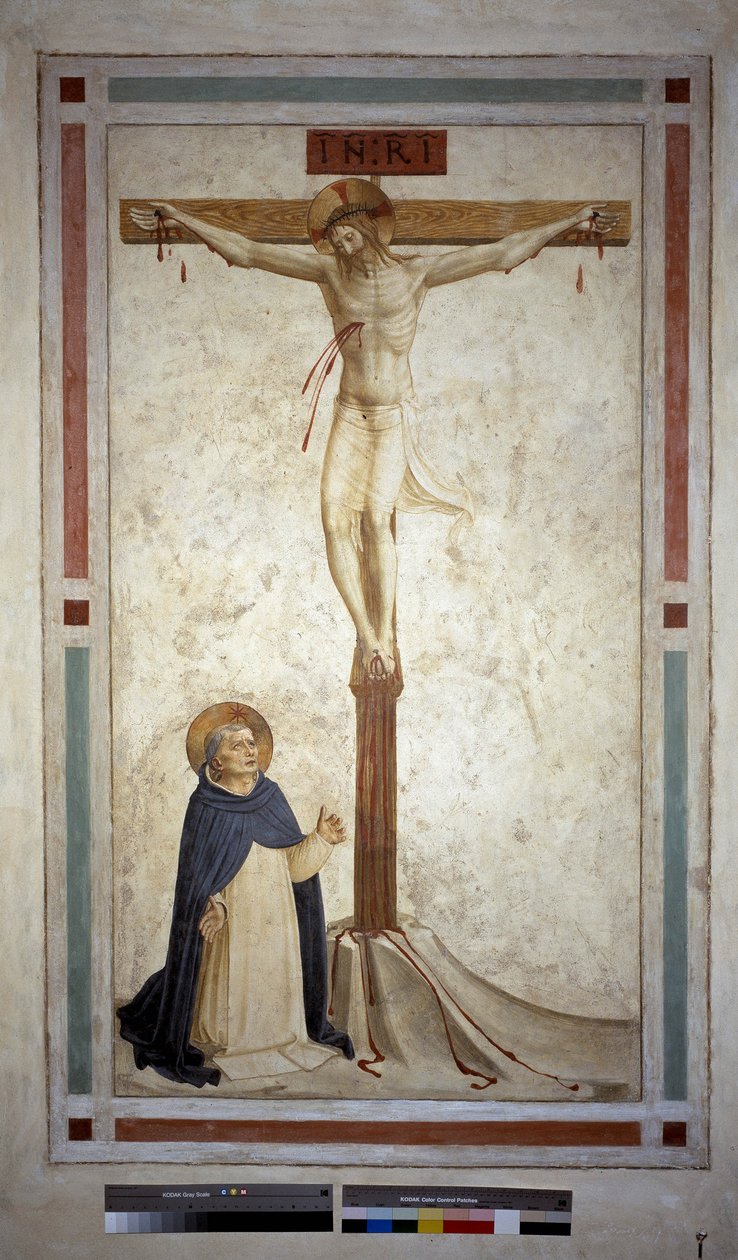 Crucifixión con San Domingo. Inscripción "INRI" en la cruz. Fresco de Guido di Pietro de Fra Angelico