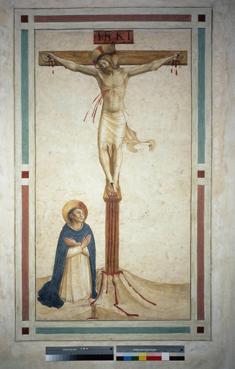 La crucifixión con San Domingo. Inscripción "INRI" en la cruz. Fresco de Guido di Pietro de Fra Angelico