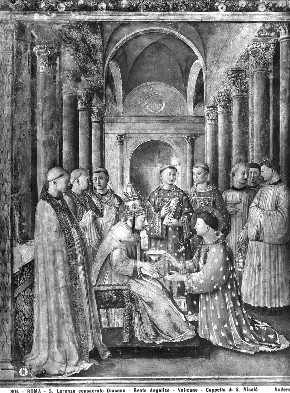 El Papa Sixto II (d.258) confiere el diaconado a San Lorenzo (d.258) de la Capilla de Nicolás V de Fra Angelico