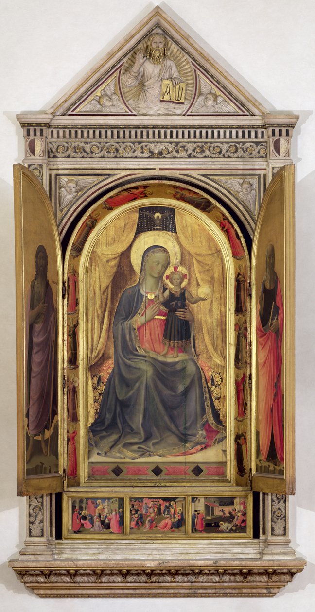 El tríptico de Linaiuoli (con postigos abiertos): La Virgen y el Niño entronizados con San Juan Bautista y San Marcos, 1433 de Fra Angelico