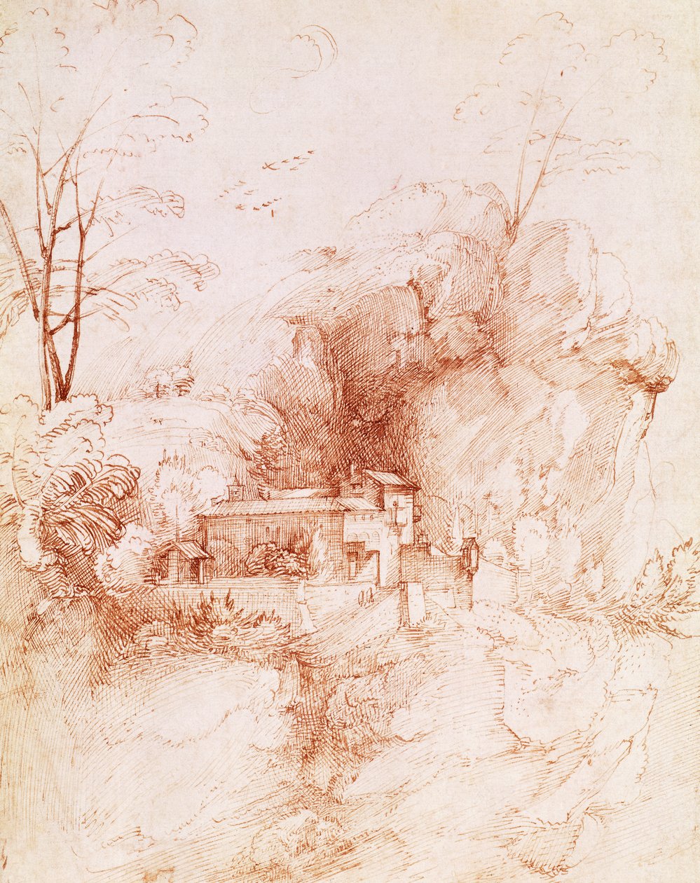 Paisaje rocoso con monasterio, dibujo de Fra Bartolomeo (1472-1517). de Fra Bartolomeo