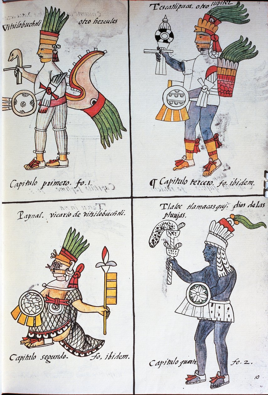 Dioses de los antiguos mexicanos, Huitzilopochtli, Tezcatlipoca, Tlaloc y Paynal, texto en español, del facsímil del manuscrito Historia General de las Cosas de la Nueva España, también conocido como Códice Florentino, por Bernardino de Sahagún de Fra Bernadino da Sahagun