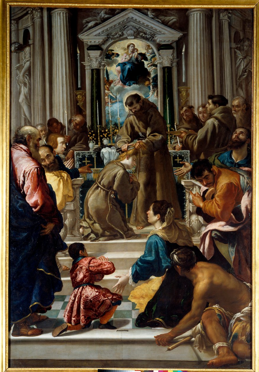 San Francisco de Asís (1181-1223) corta el pelo a Santa Clara (1193-1253). Pintura de Semplice De Verona (1589-1654) Ec. Ital. de Fra Semplice da Verona