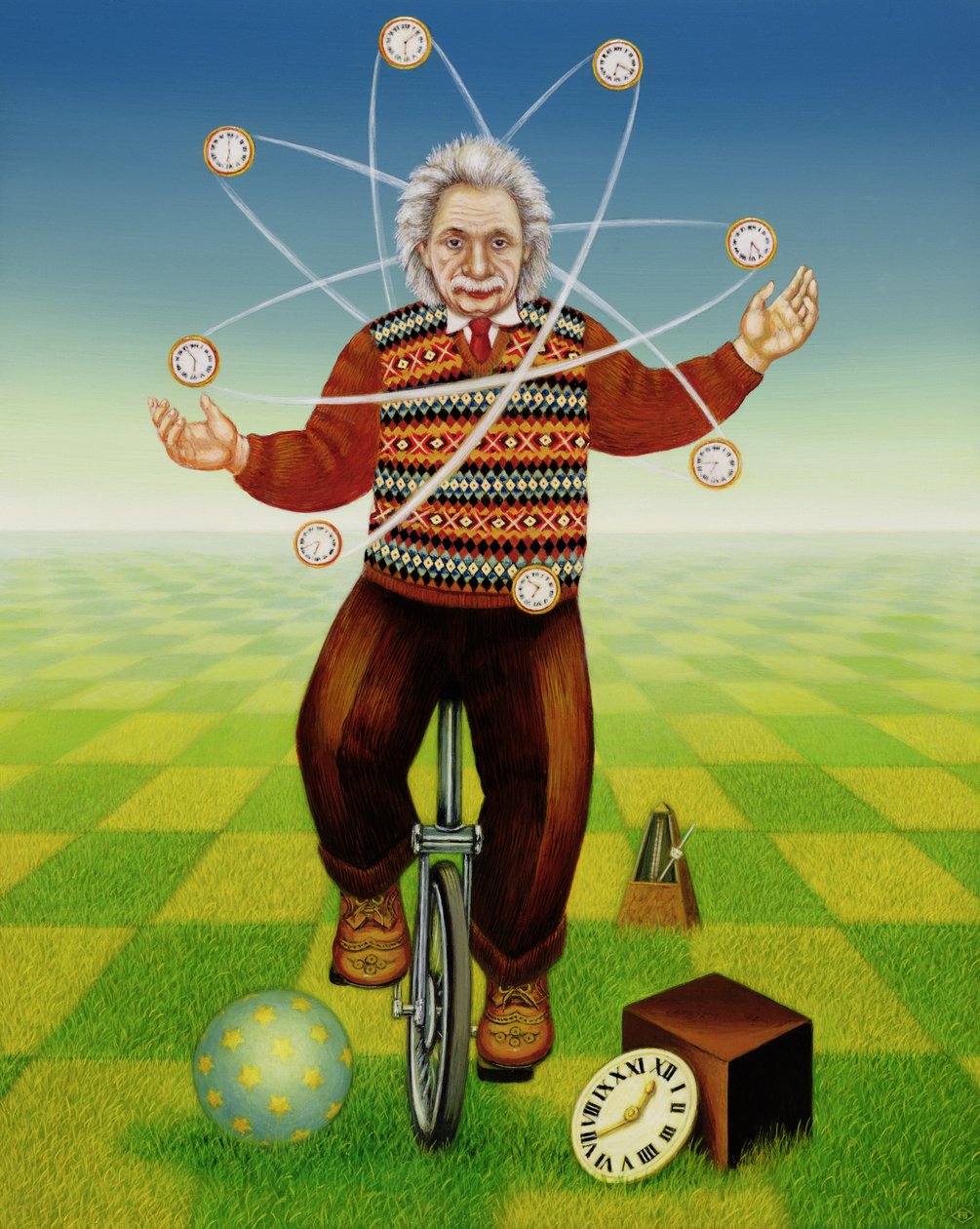Einstein haciendo malabares con el tiempo, 2000 de Frances Broomfield