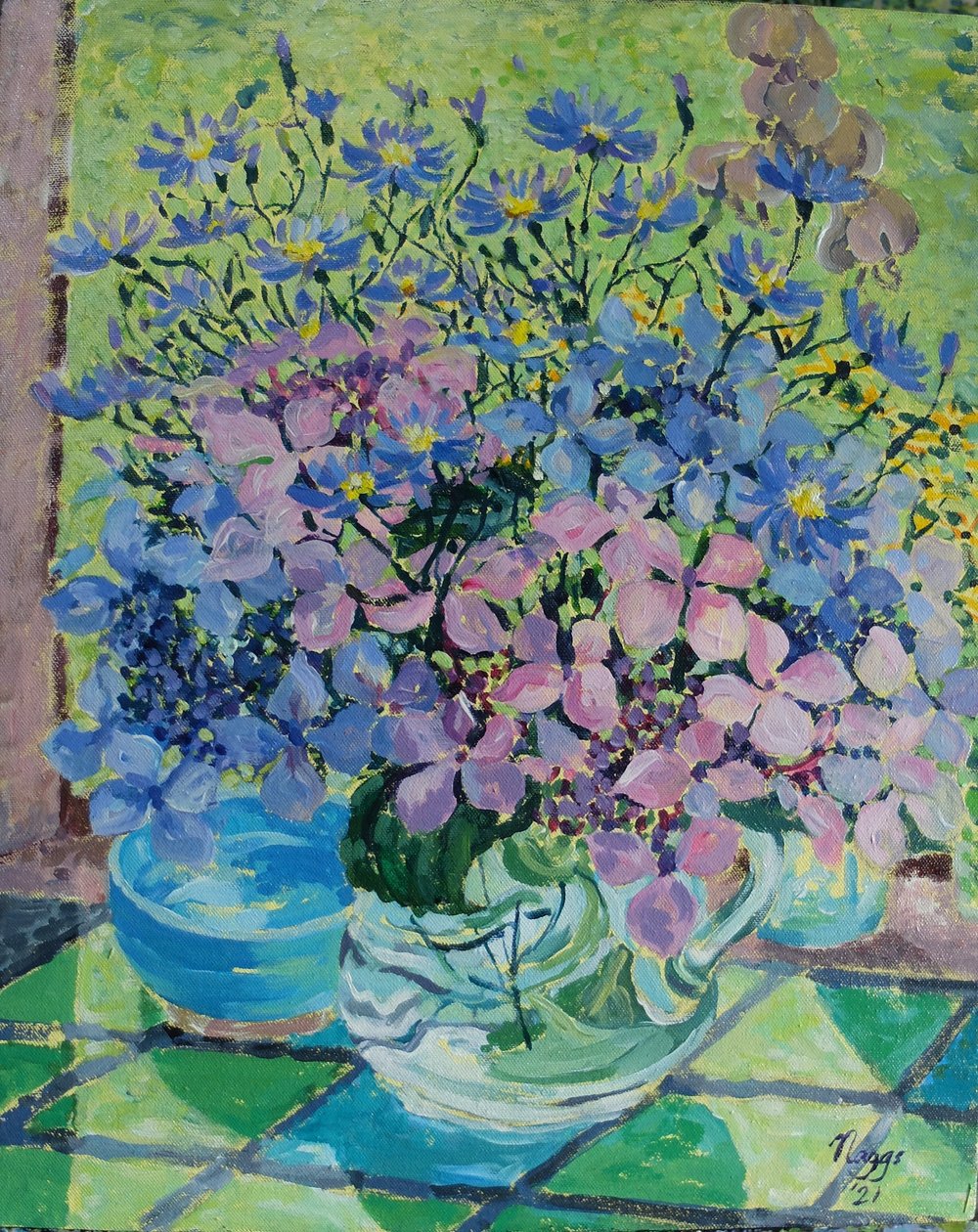 Hortensias y margaritas de San Miguel, 2021 (acrílico sobre lienzo) de Frances Naggs
