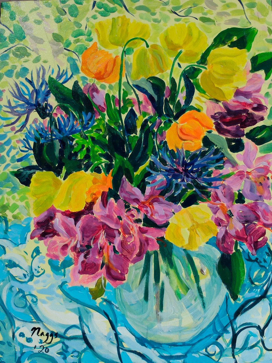 Ramo de primavera (rododendro y amapolas de Gales), 2020 (acrílico sobre lienzo) de Frances Naggs