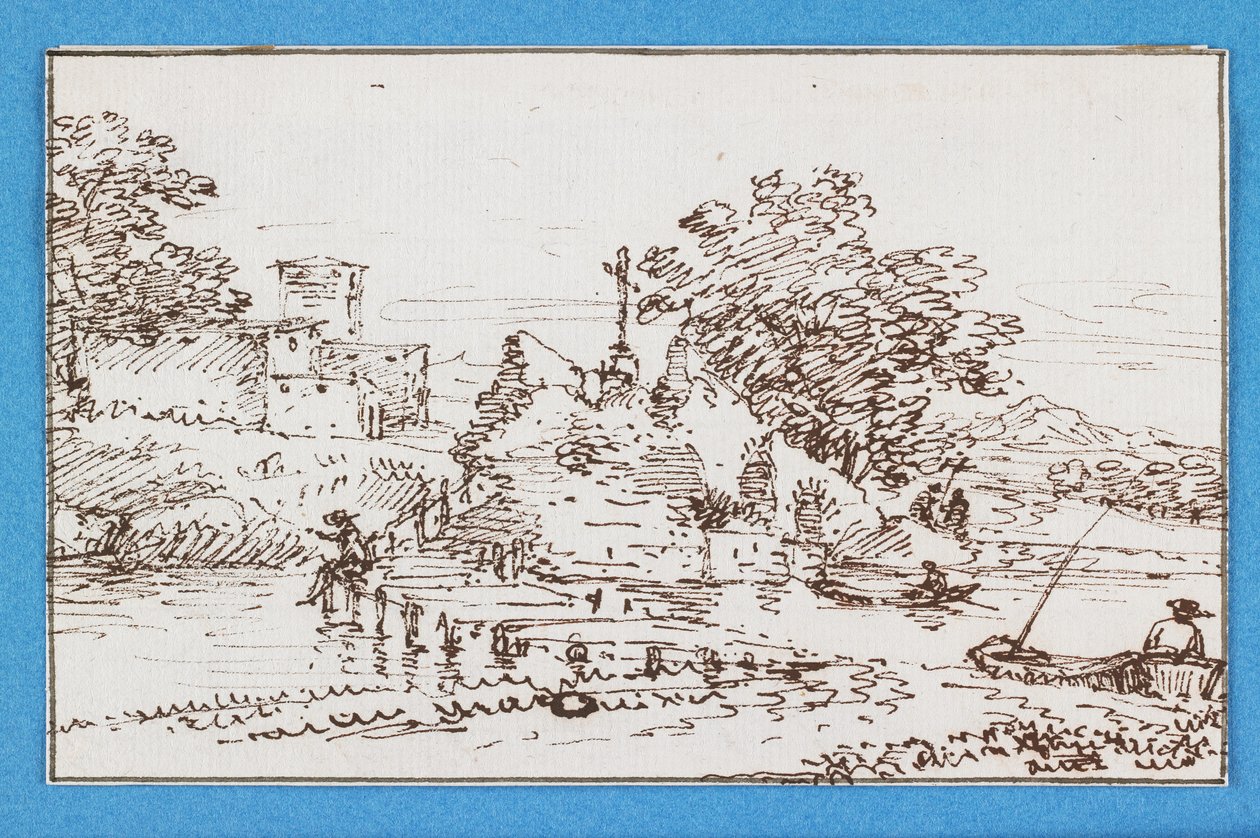 Paisaje con Figuras Pescando, mediados del siglo XVII de Francesco Allegrini