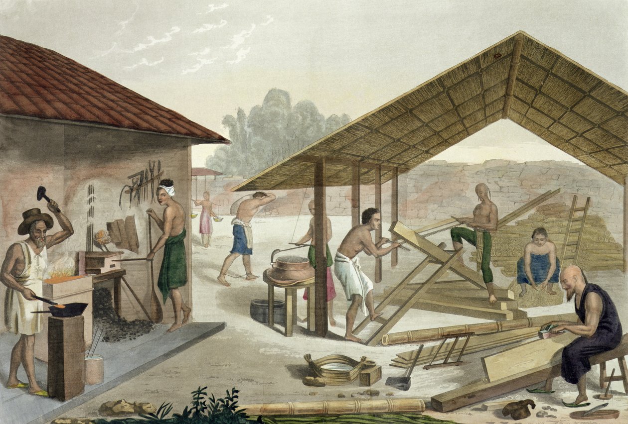 Taller de carpintería en Kupang, Timor, lámina 6 de Le Costume Ancien et Modern por Jules Ferrario, publicado c.1820s-30s de Francesco Citterio