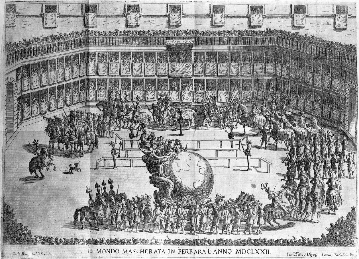 Procesión del Globo, Ferrara, grabado por Lorenzo Tinti, 1672 de Francesco Ferrari