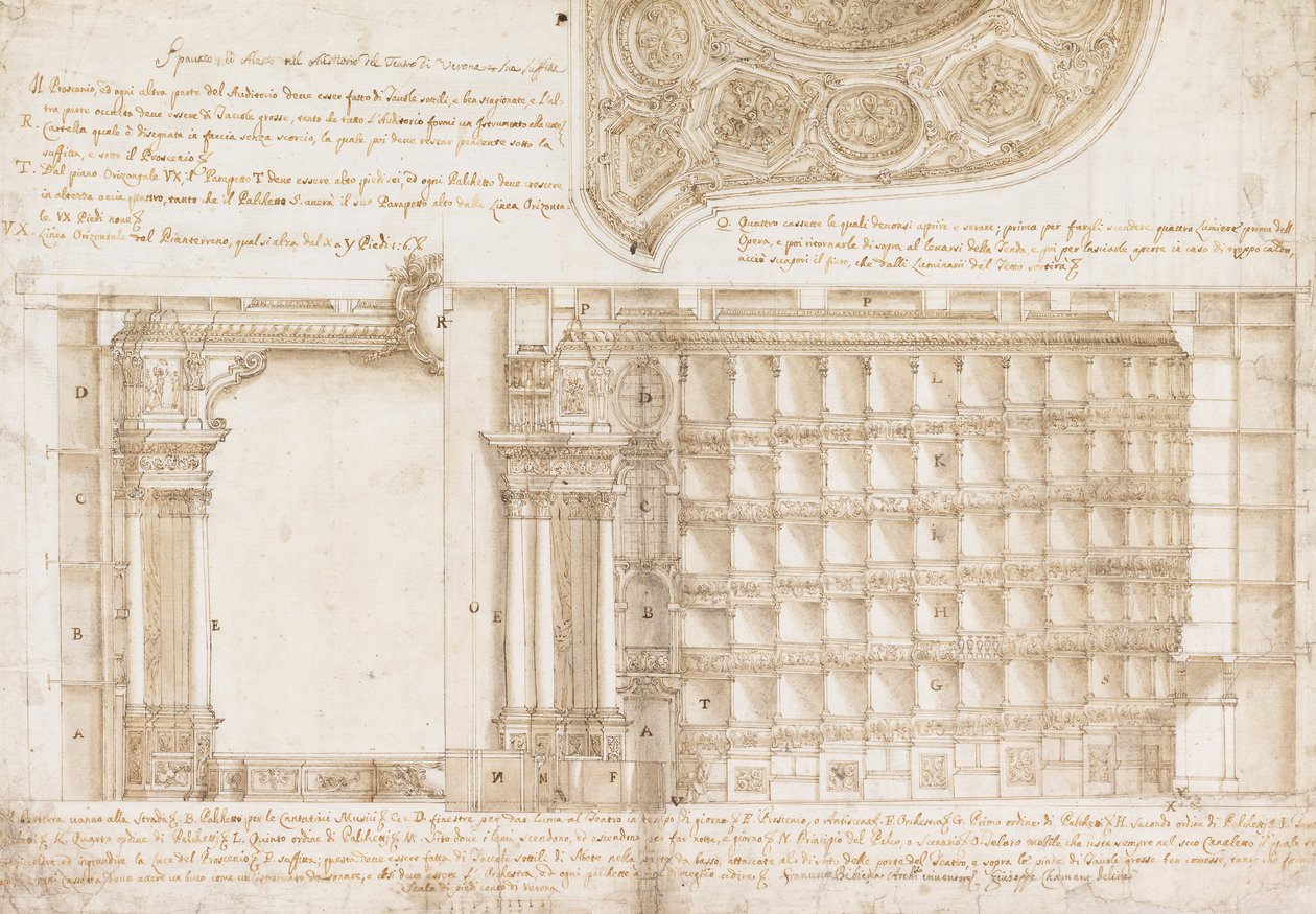 Teatro Filarmónico, Accademia Filarmonica, Verona, Italia - Sección y techo de Francesco Galli Bibiena