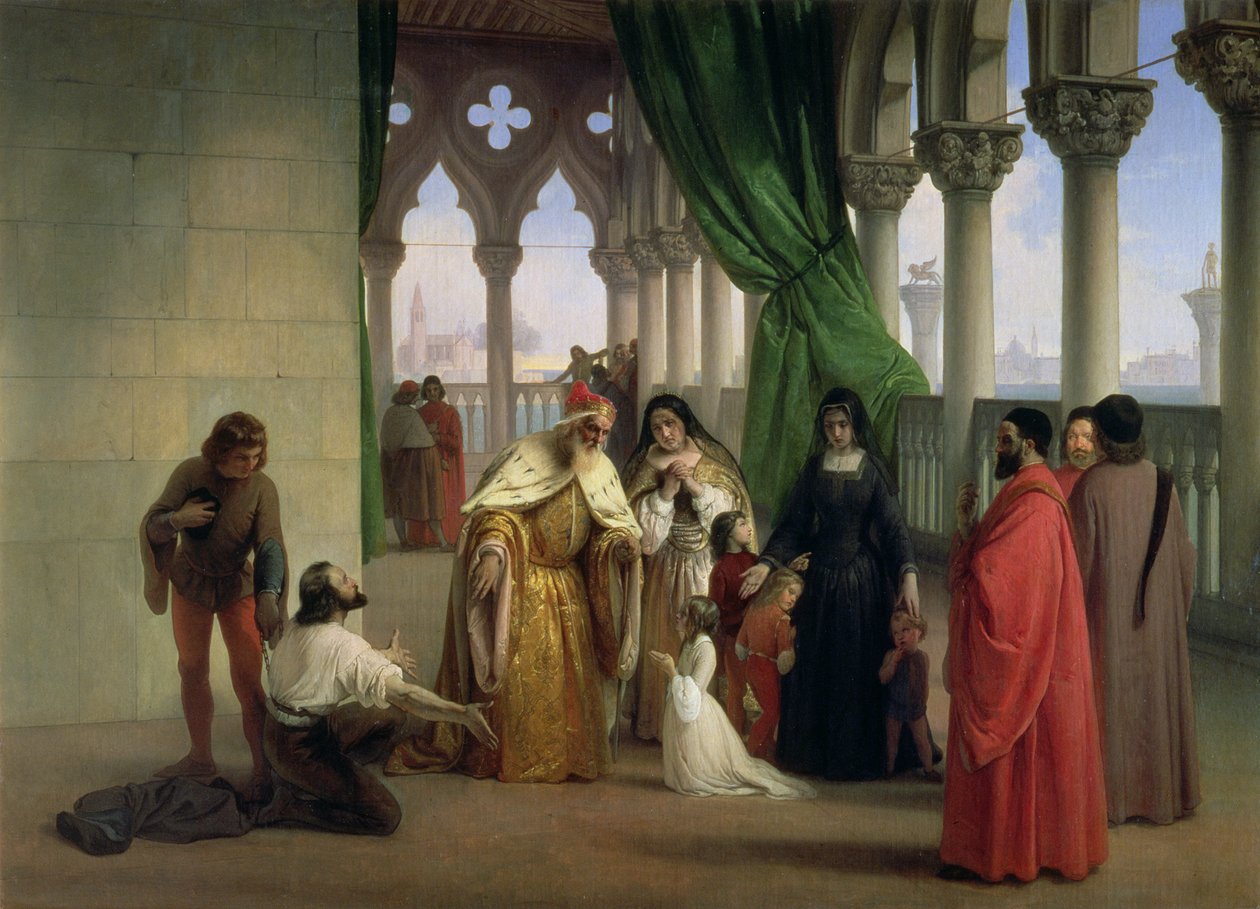 Los dos Foscari: Francesco Foscari, Dogo de Venecia (c.1372-1457) desterrando a su hijo Jacopo por correspondencia traicionera en el exilio; tema del drama poético de Byron 