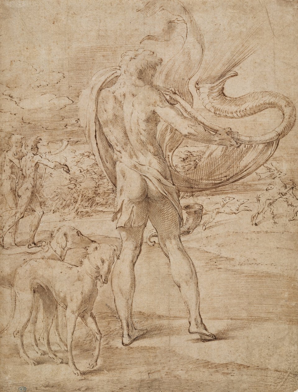 Cazadores tocando su cuerno con una cacería de ciervos en la distancia de Parmigianino