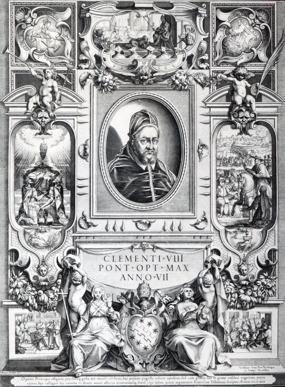 Papa Clemente VIII, rodeado de escenas de su vida de Francesco Villamena