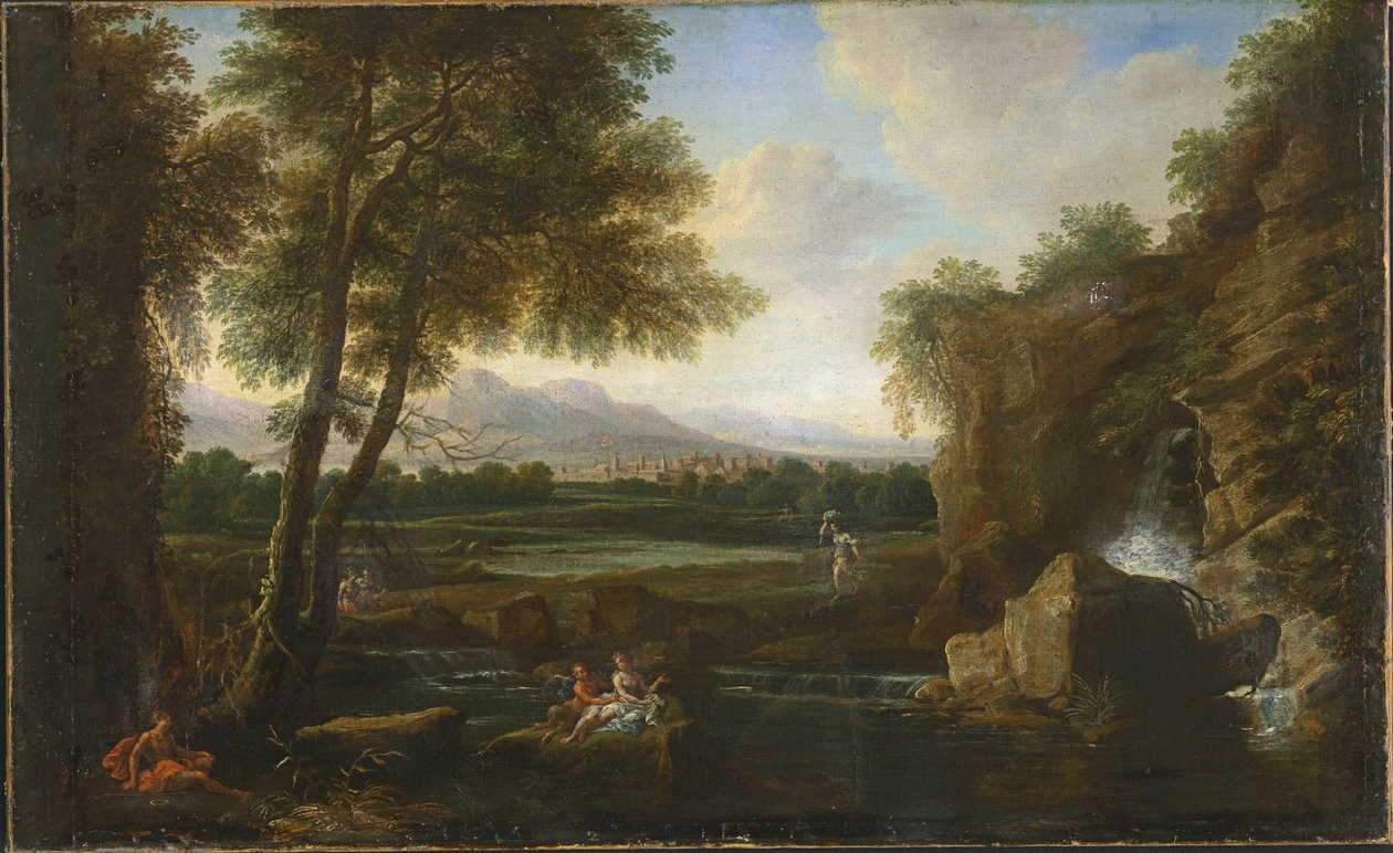 Paisaje clásico con pequeña cascada y pueblo de Francesco Zuccarelli
